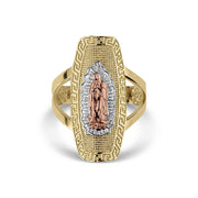 Tri-color gold Virgin Mary Guadalupe religious signet ring isolated on white background.
