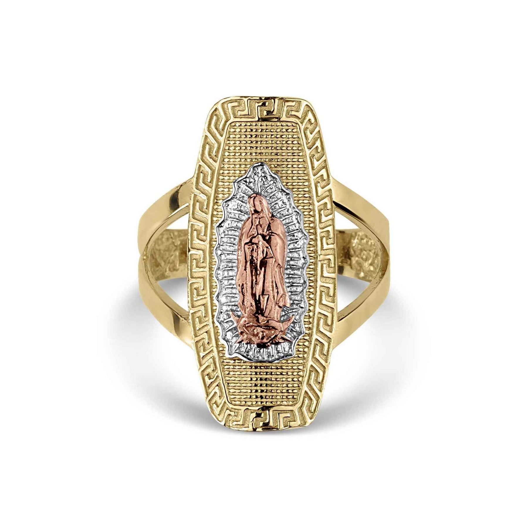 Tri-color gold Virgin Mary Guadalupe religious signet ring isolated on white background.
