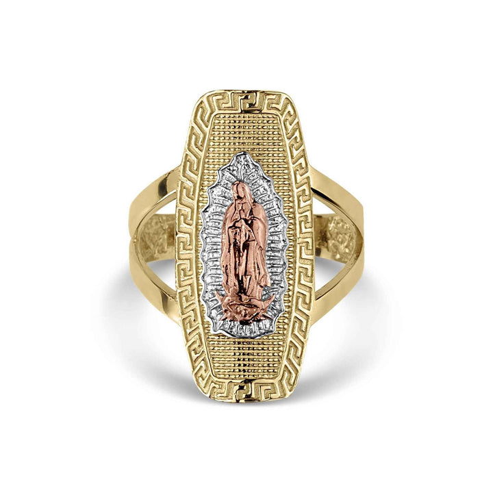 Tri-color gold Virgin Mary Guadalupe religious signet ring isolated on white background.
