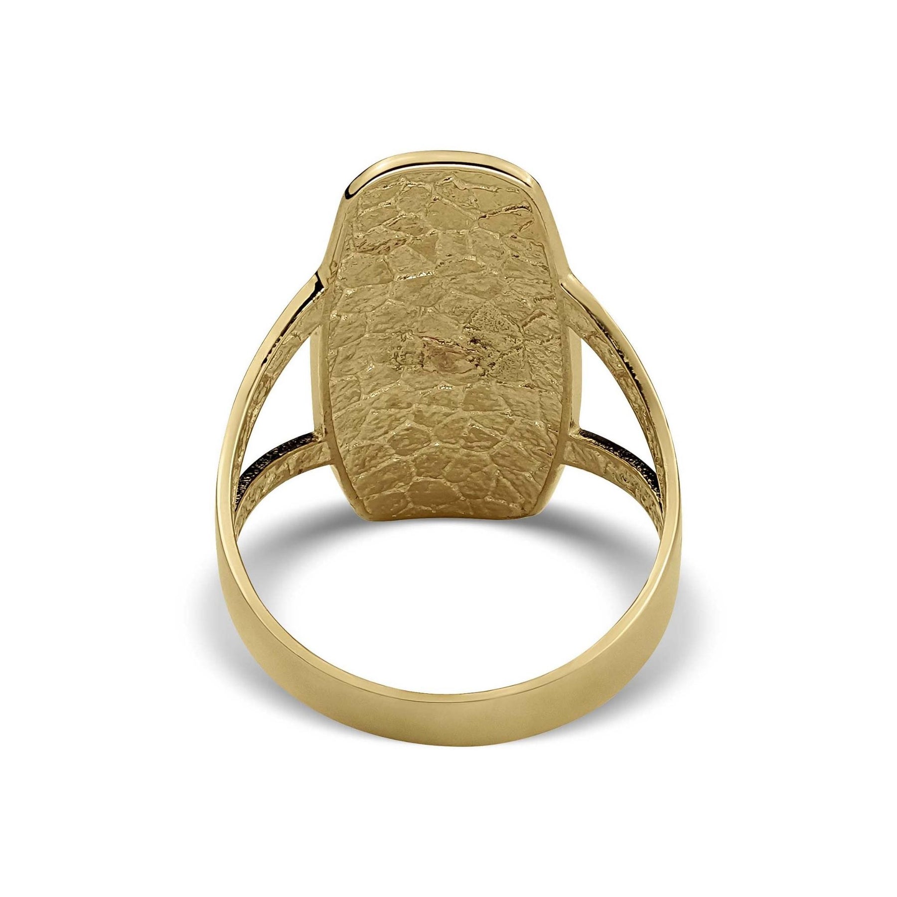 Back view of gold Virgin Mary rounded rectangle signet ring on a white background.