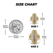 size guide showing Virgin Mary rounded rectangle signet ring dimensions next to a US quarter.