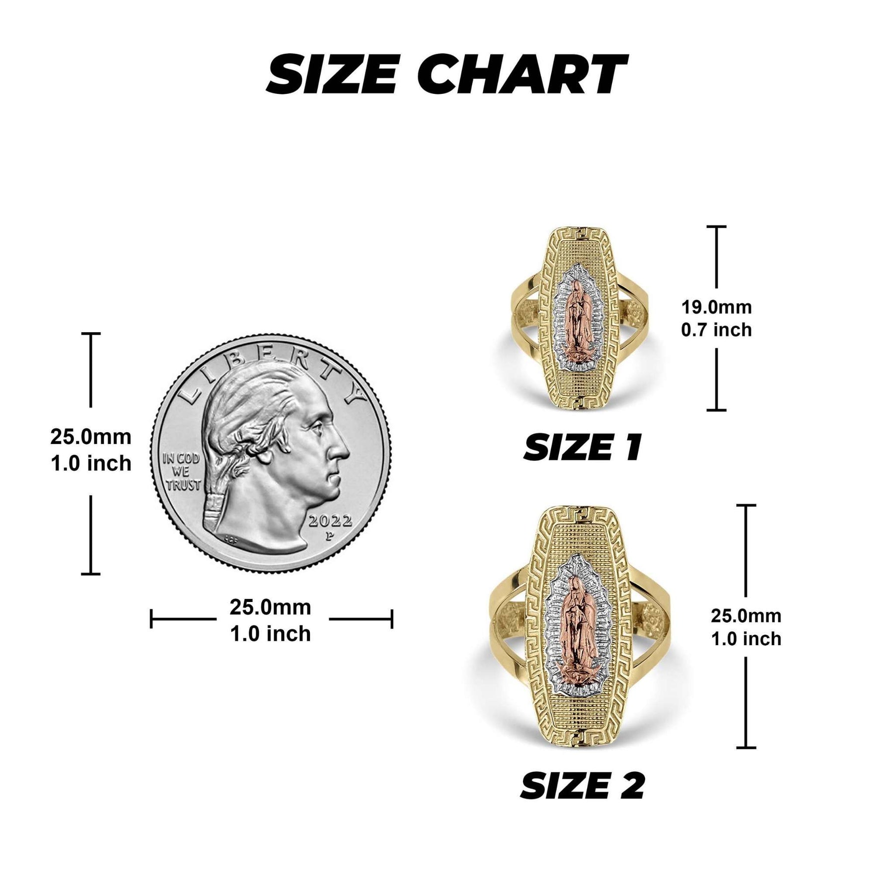 size guide showing Virgin Mary rounded rectangle signet ring dimensions next to a US quarter.