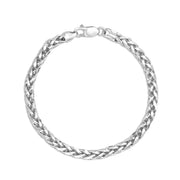 White gold classic wheat palm chain bracelet arranged in a full circle on white.
