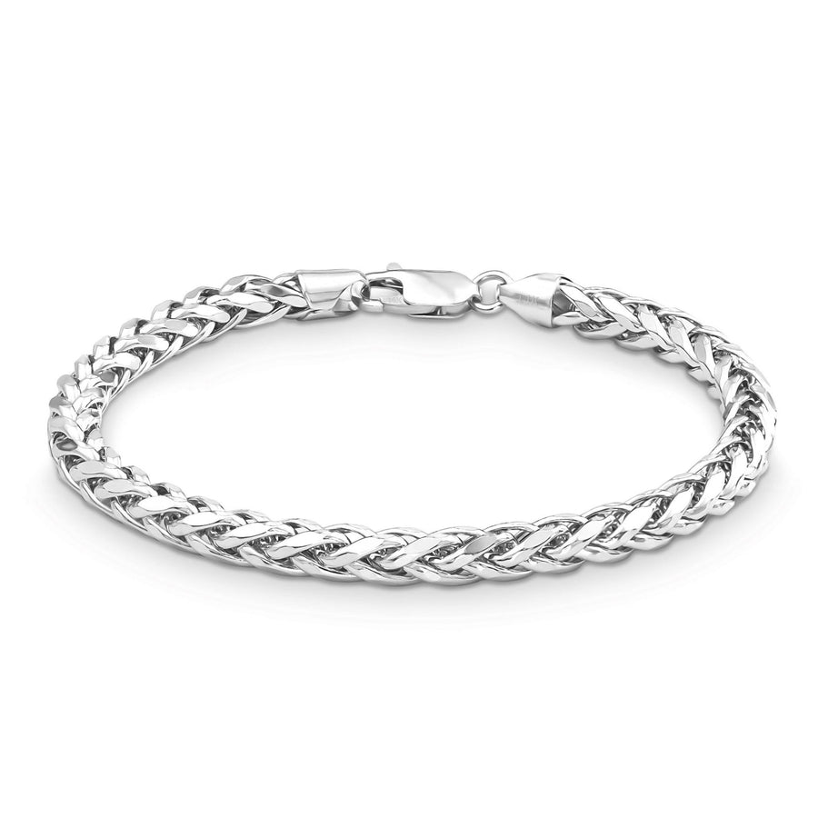 White gold classic wheat palm chain bracelet arranged in a full circle on white.