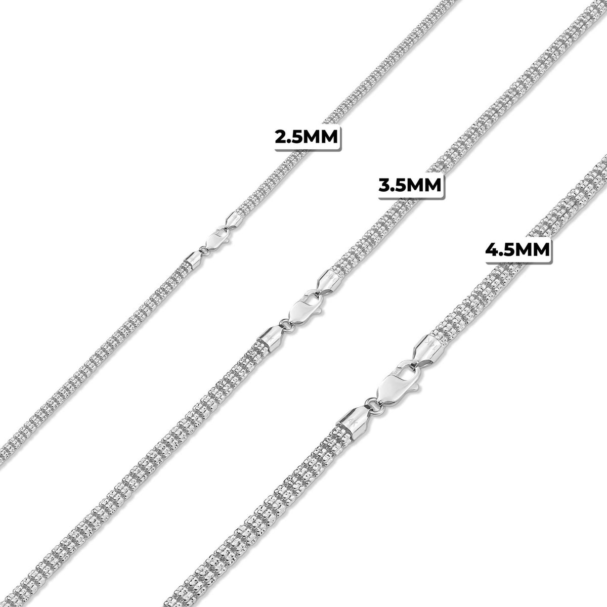 Three white gold classic ice chains in 2.5mm, 3.5mm, and 4.5mm sizes.