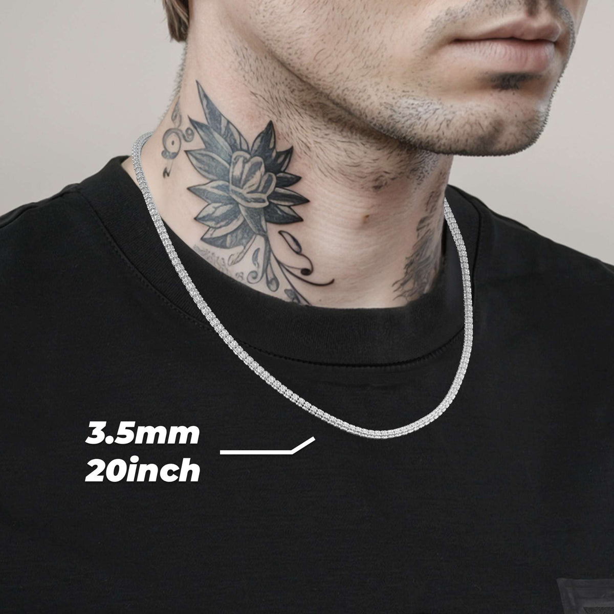 Man wearing a 3.5mm 20inch white gold classic ice chain necklace.