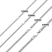 Four white gold classic wheat palm chains in 2.5mm, 3.0mm, 4.0mm, and 5.0mm sizes.