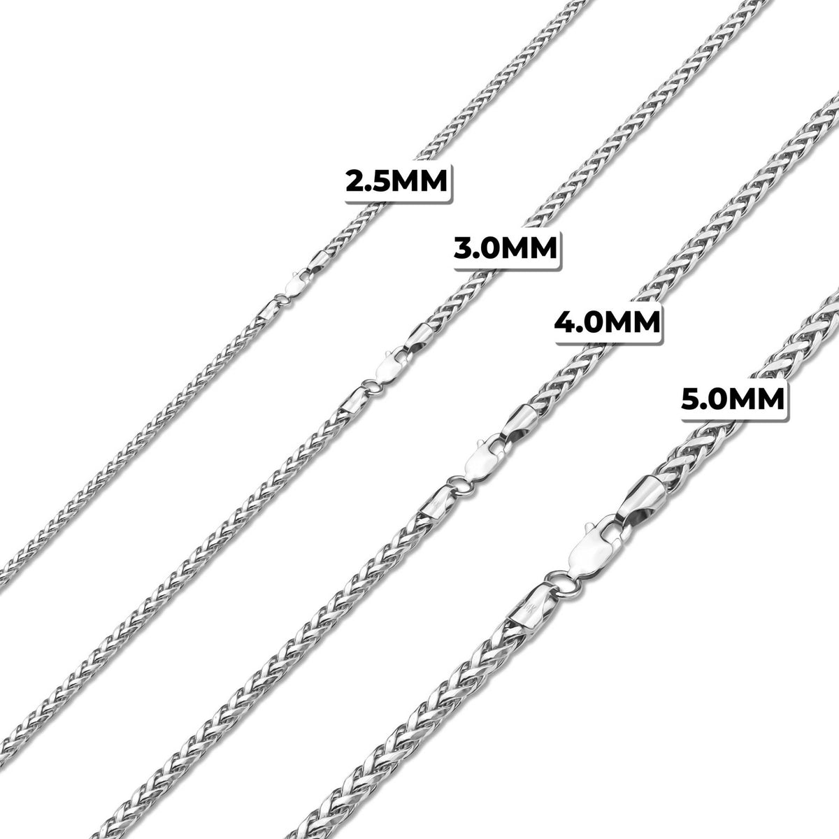 Four white gold classic wheat palm chains in 2.5mm, 3.0mm, 4.0mm, and 5.0mm sizes.