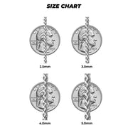 Visual size guide for white gold classic wheat palm chains from 2.5mm to 5.0mm.