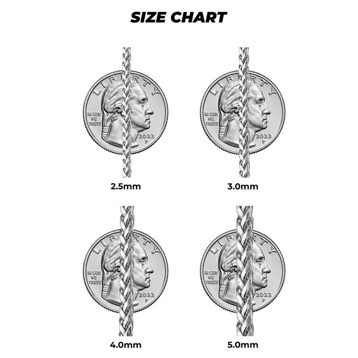Visual size guide for white gold classic wheat palm chains from 2.5mm to 5.0mm.