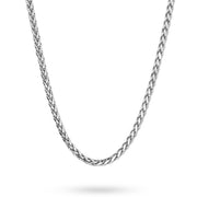 10k and 14k white gold classic wheat palm chain necklace display on white background.