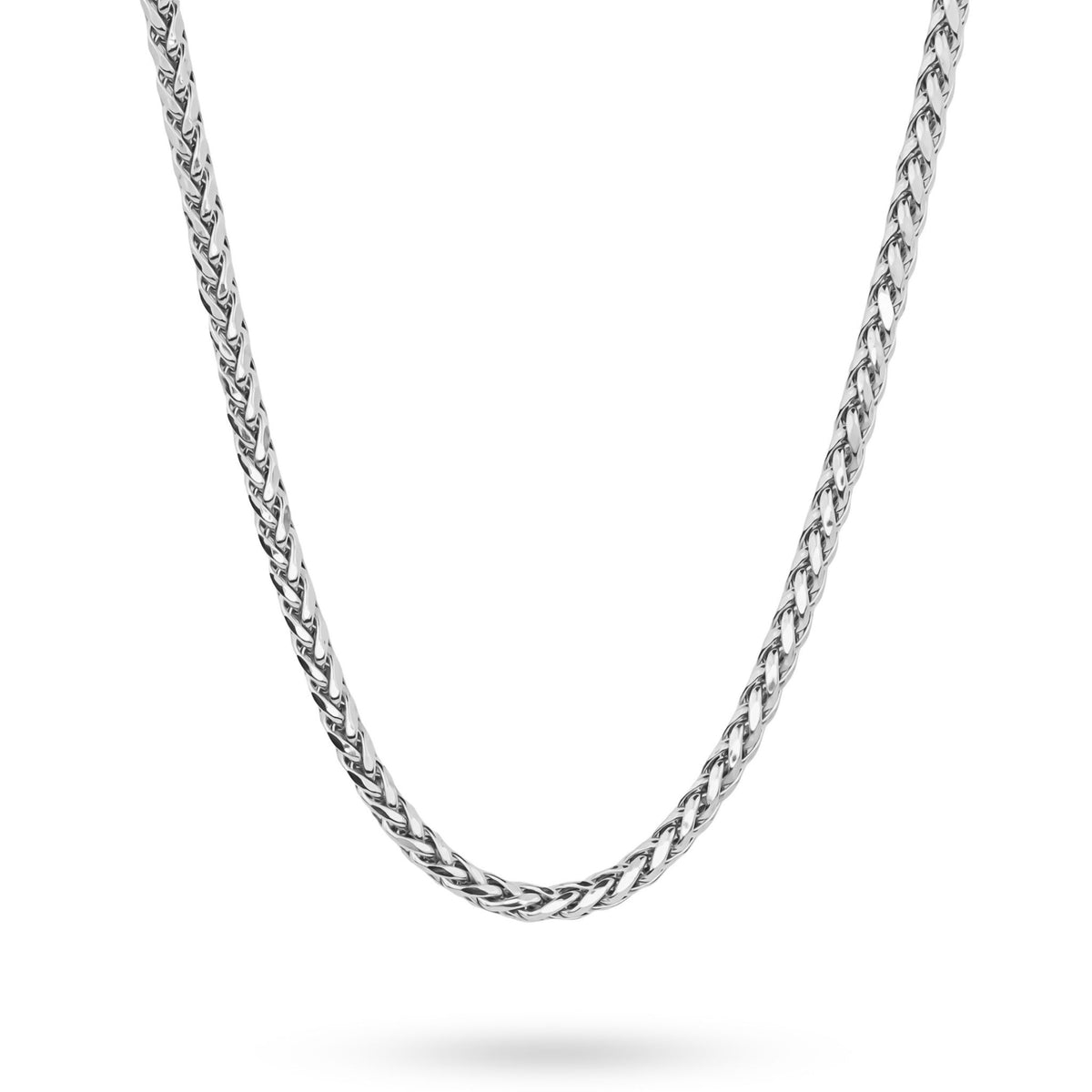 10k and 14k white gold classic wheat palm chain necklace display on white background.
