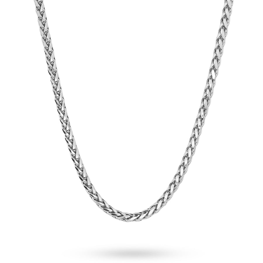 10k and 14k white gold classic wheat palm chain necklace display on white background.
