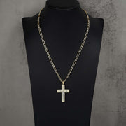 Gold Yelca crucifix CZ pendant necklace displayed on a black mannequin bust.