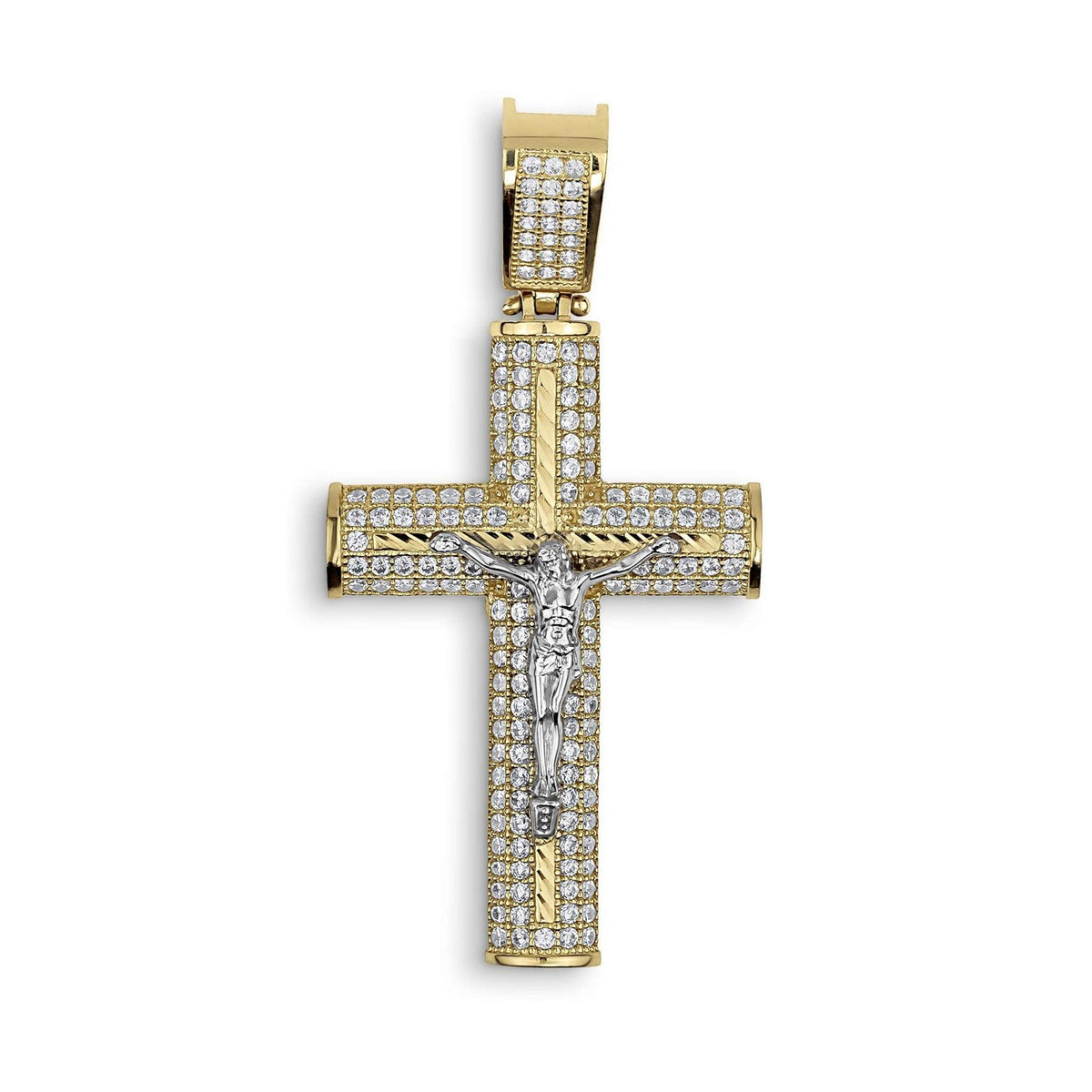 Front view of a two-tone gold iced-out Yelca crucifix pendant set with CZ stones.