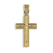 Back view of a 10k or 14k gold iced-out Yelca crucifix cross pendant showing textured grid backing.