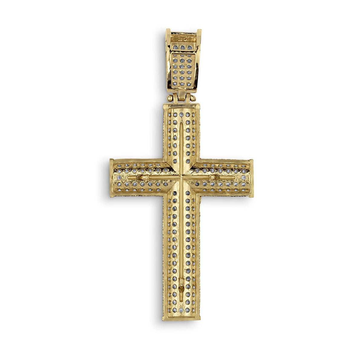 Back view of a 10k or 14k gold iced-out Yelca crucifix cross pendant showing textured grid backing.