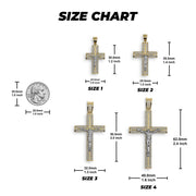 Size chart comparing four gold Yelca crucifix pendants to a US quarter coin.