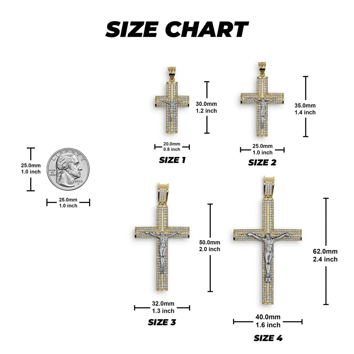 Size chart comparing four gold Yelca crucifix pendants to a US quarter coin.
