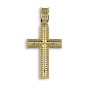 Back view of a two-tone gold crucifix cross pendant featuring a solid, polished finish.