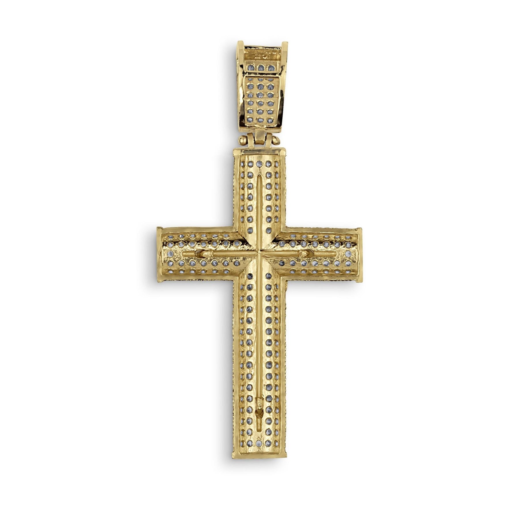 Back view of a two-tone gold crucifix cross pendant featuring a solid, polished finish.