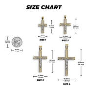 Size chart comparing four Yelca crucifix pendants from Size 1 to Size 4 with measurements.