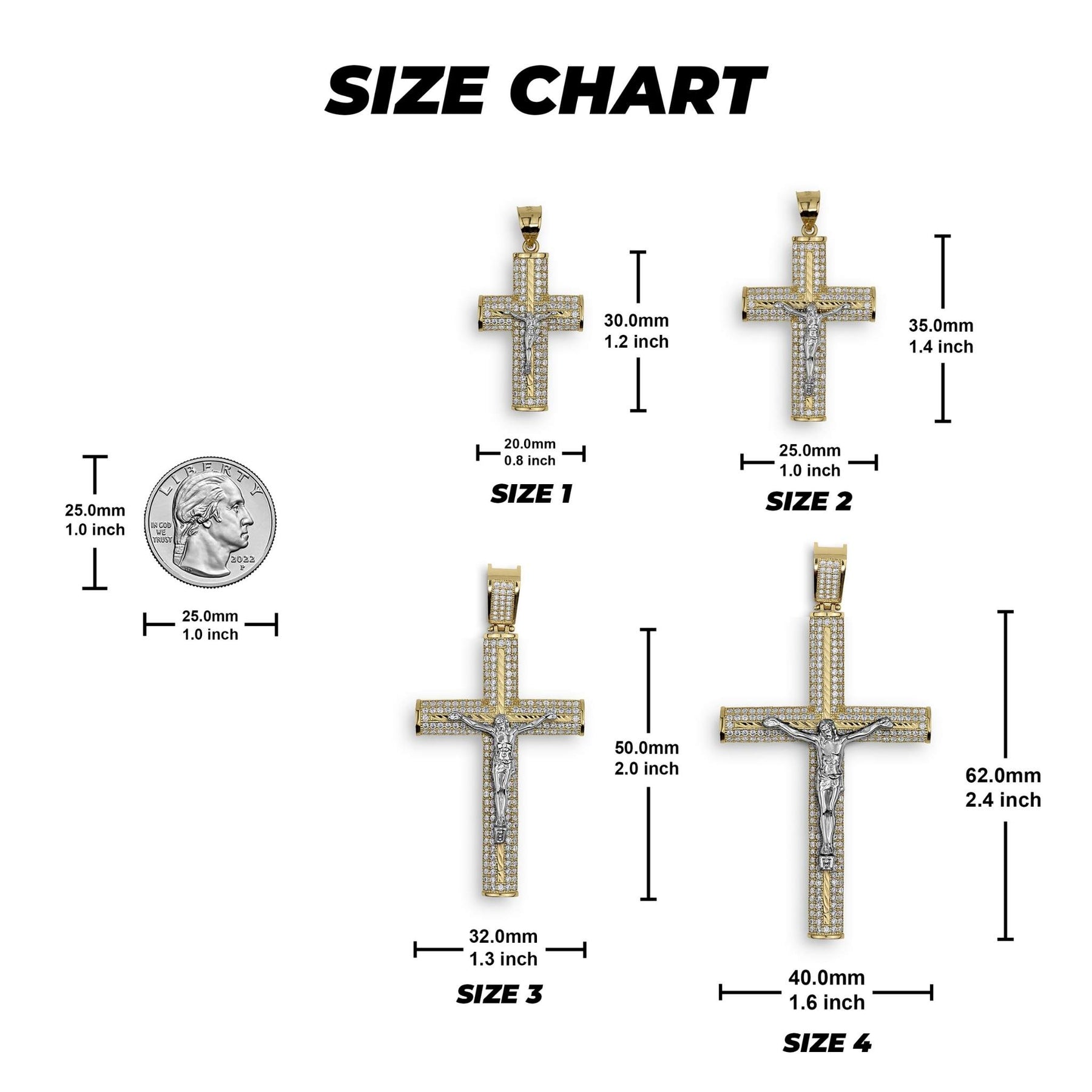 Size chart comparing four Yelca crucifix pendants from Size 1 to Size 4 with measurements.