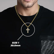 Model wearing a gold chain with the 30.0mm Yelca crucifix pendant highlighted in white.