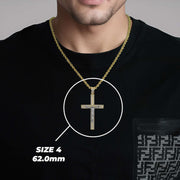 Model wearing a gold chain with the 62.0mm Yelca crucifix pendant highlighted in white.