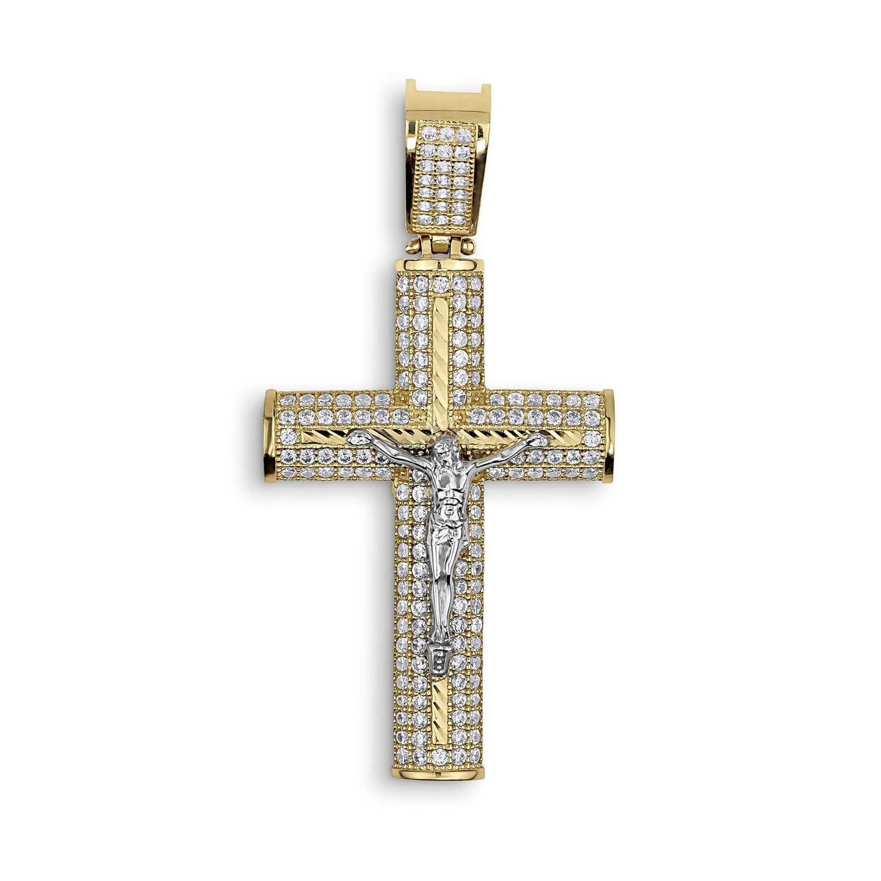 Gold cross pendant encrusted with cubic zirconia, featuring a white gold crucifix center.