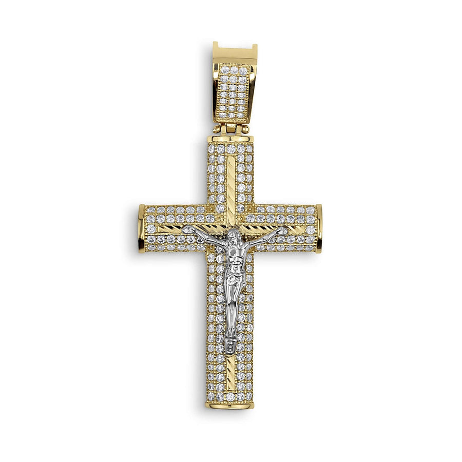Gold cross pendant encrusted with cubic zirconia, featuring a white gold crucifix center.