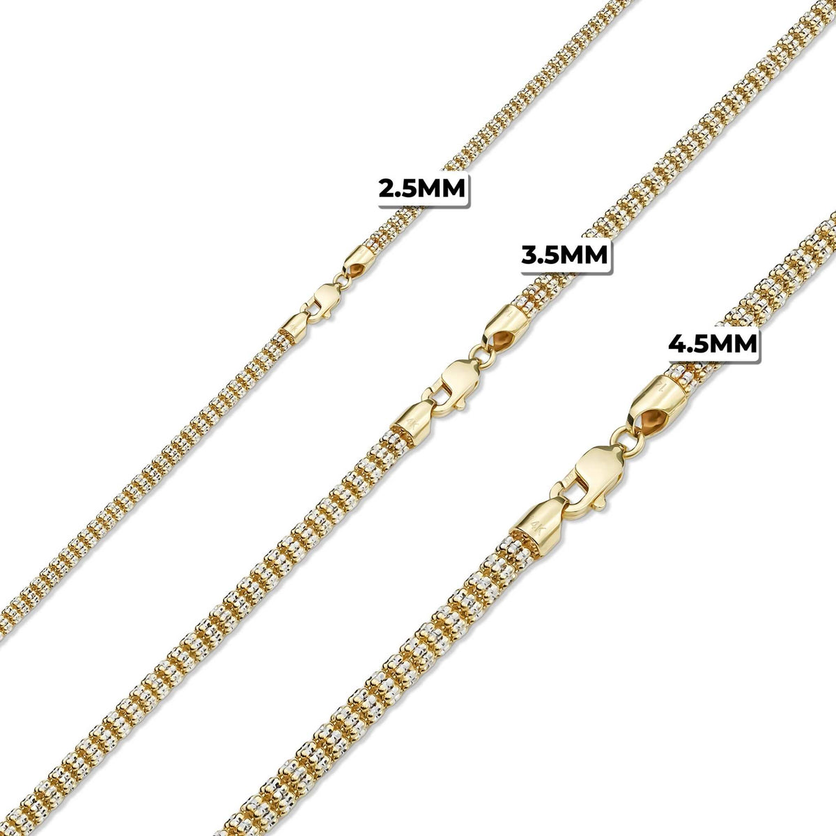 Three yellow gold two-tone classic ice chains in 2.5mm, 3.5mm, and 4.5mm sizes.