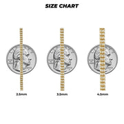 Yellow gold two-tone classic ice chain width size chart compared to quarter coins.