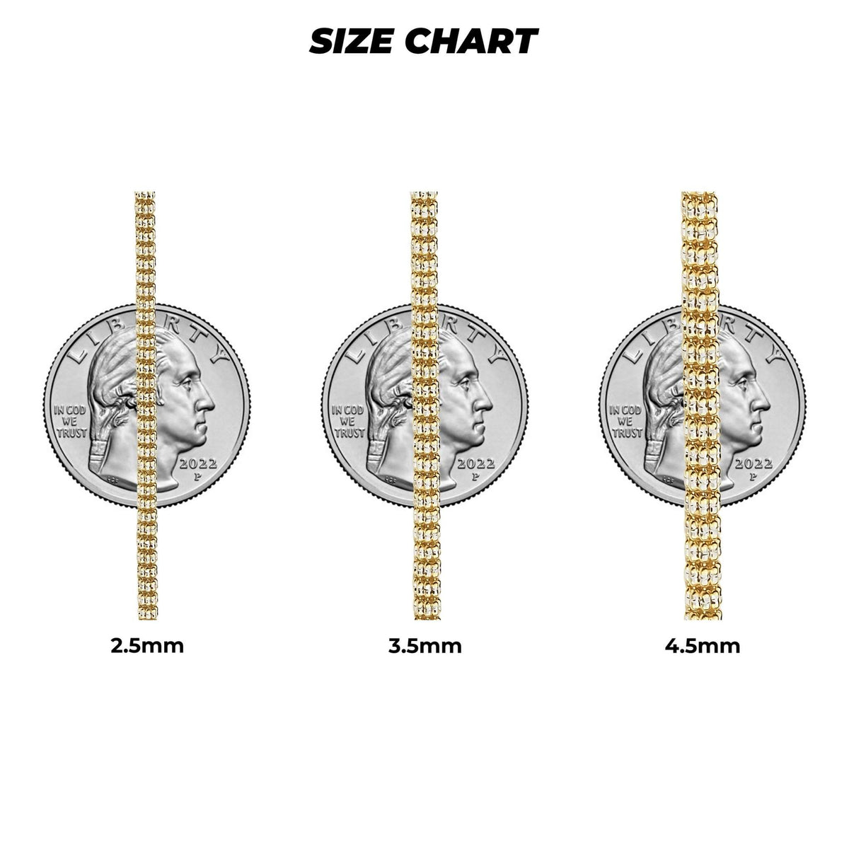 Yellow gold two-tone classic ice chain width size chart compared to quarter coins.