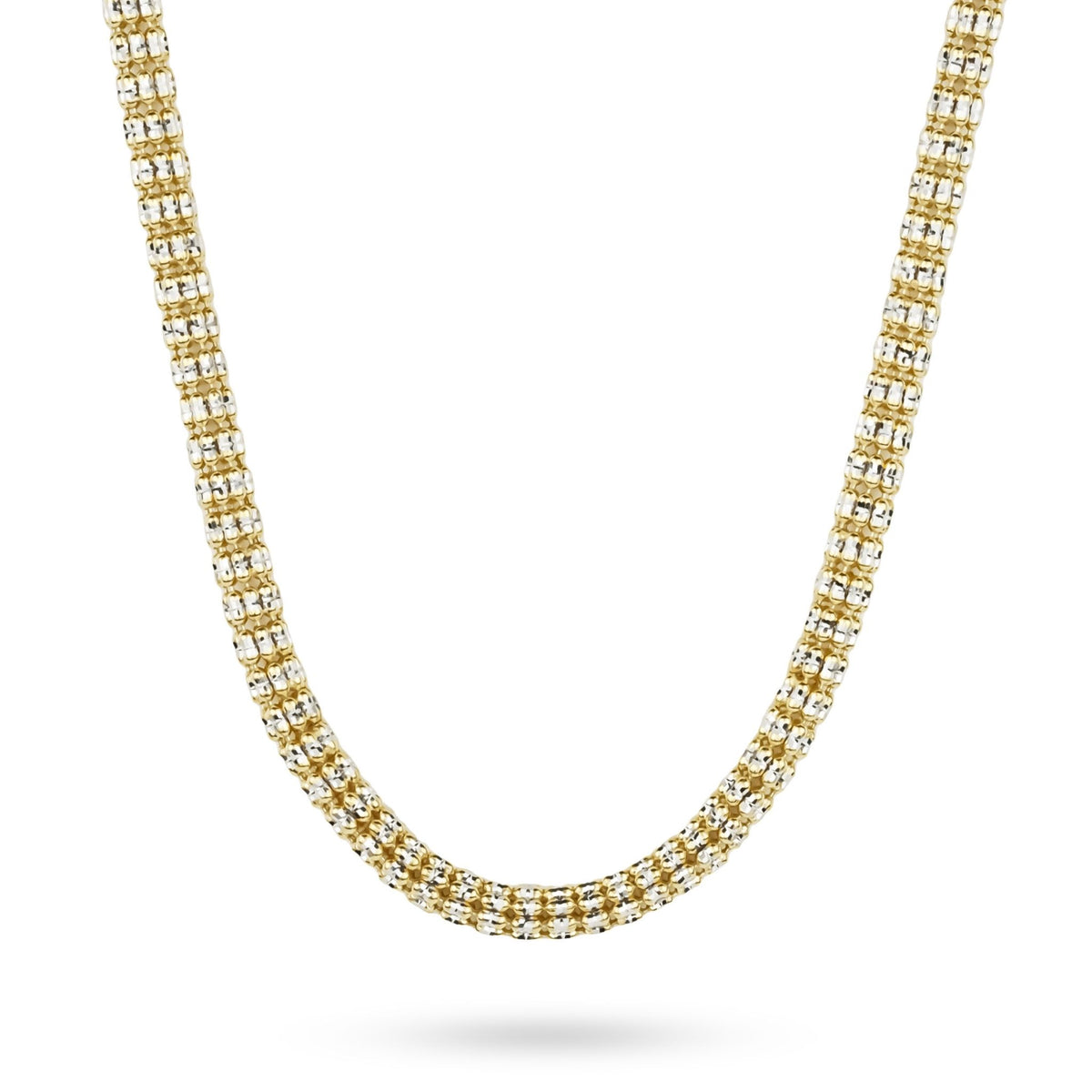 10k and 14k yellow gold two-tone classic ice chain necklace on white background.