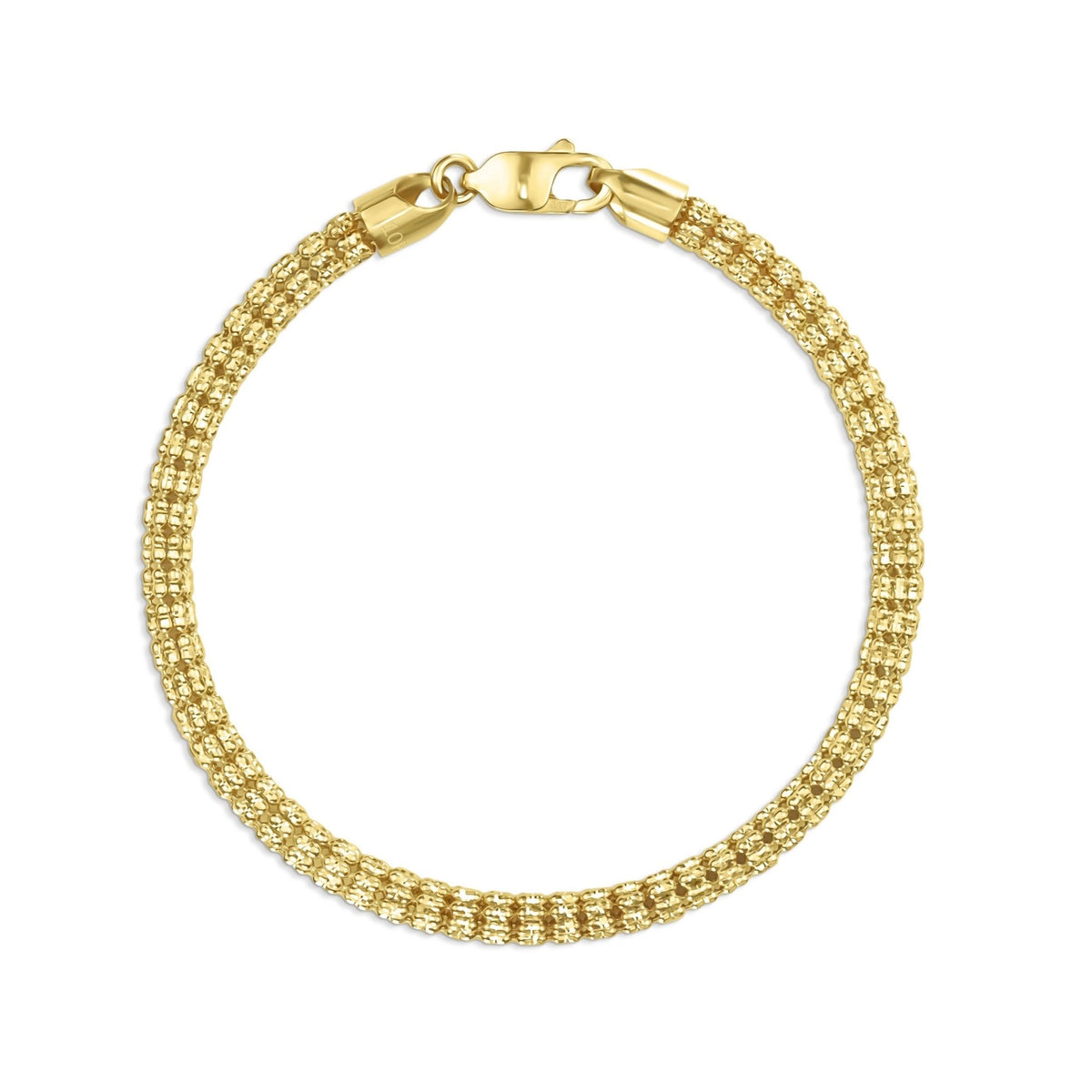 Yellow gold classic ice chain bracelet arranged in a full circle on white.