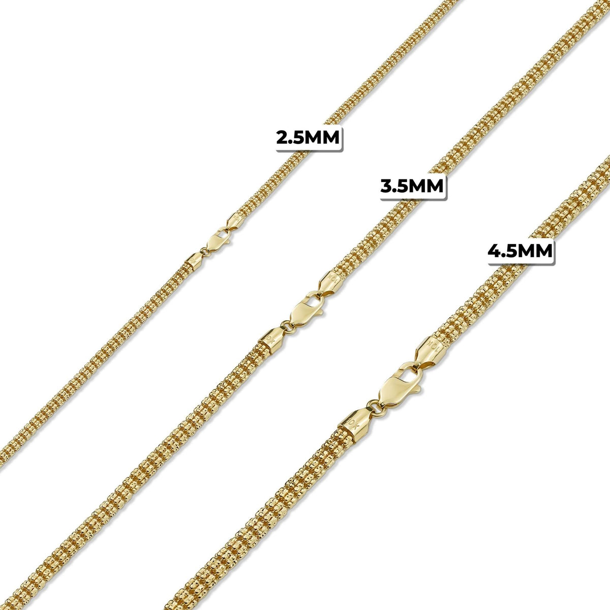 Three yellow gold ice chain bracelets in 2.5mm, 3.5mm, and 4.5mm widths.