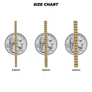 Size chart comparing 2.5mm, 3.5mm, and 4.5mm yellow gold ice chains against quarters.