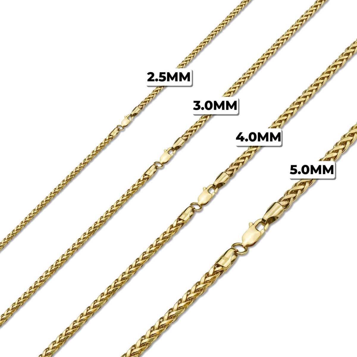 Four yellow gold wheat palm chain bracelets in 2.5mm, 3.0mm, 4.0mm, and 5.0mm widths.