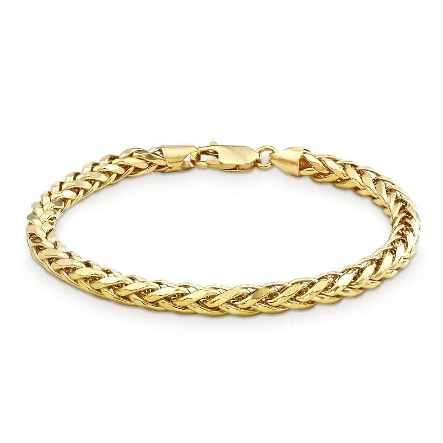 Yellow gold classic wheat palm chain bracelet arranged in a full circle on white.