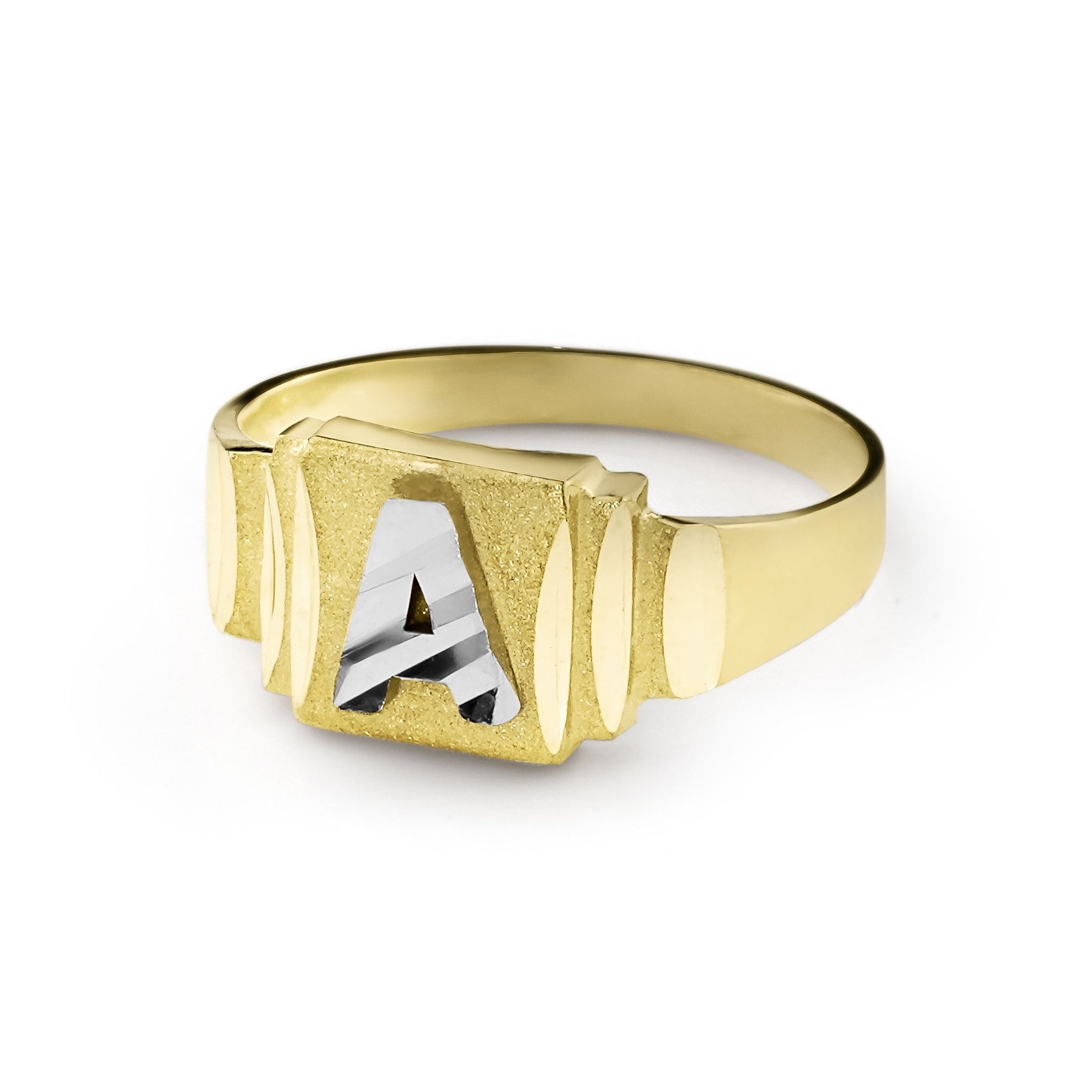 Two-tone 10k yellow and white gold square letter A initial ring