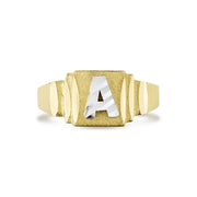 10k gold baby initial signet ring with a diamond-cut letter A.