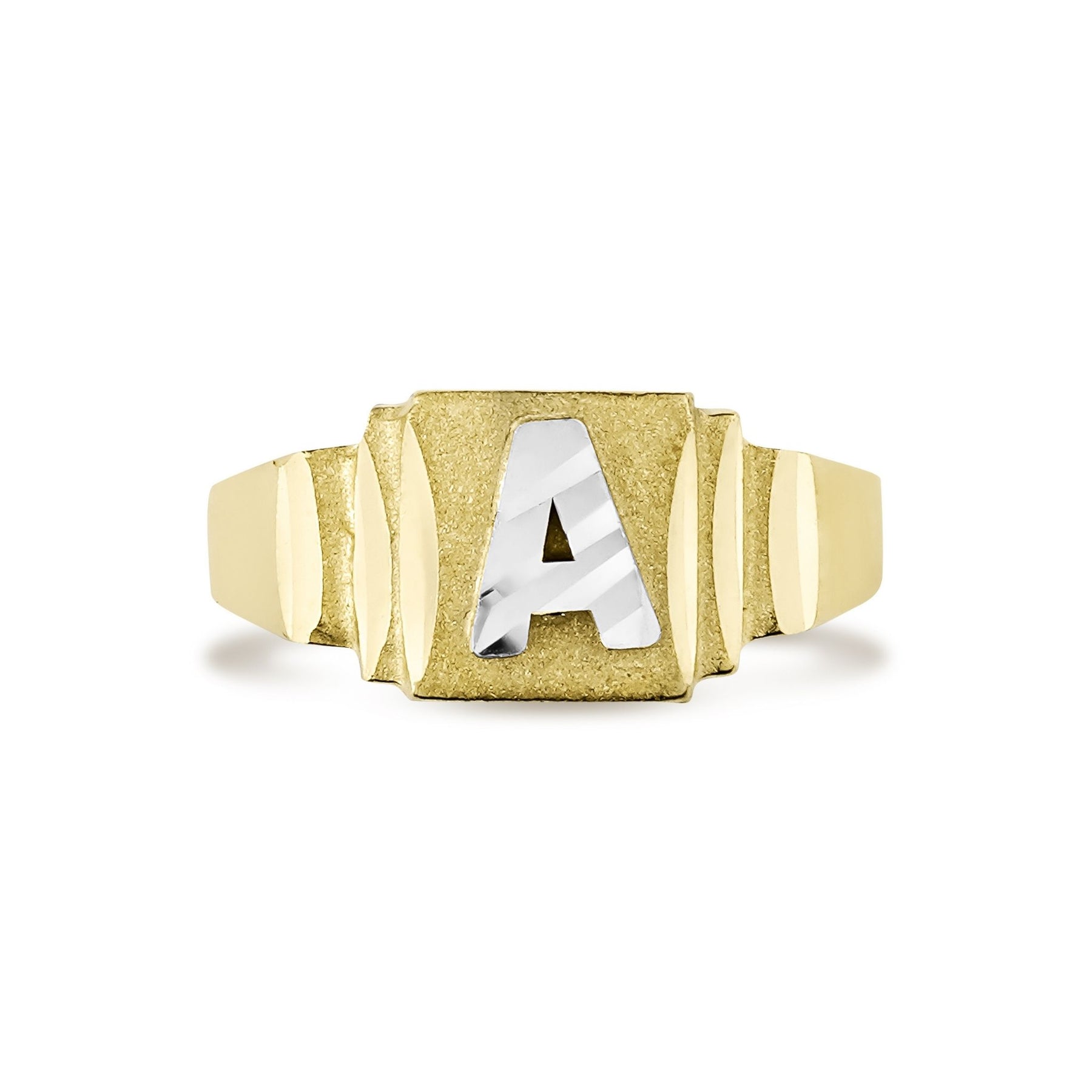 10k gold baby initial signet ring with a diamond-cut letter A.