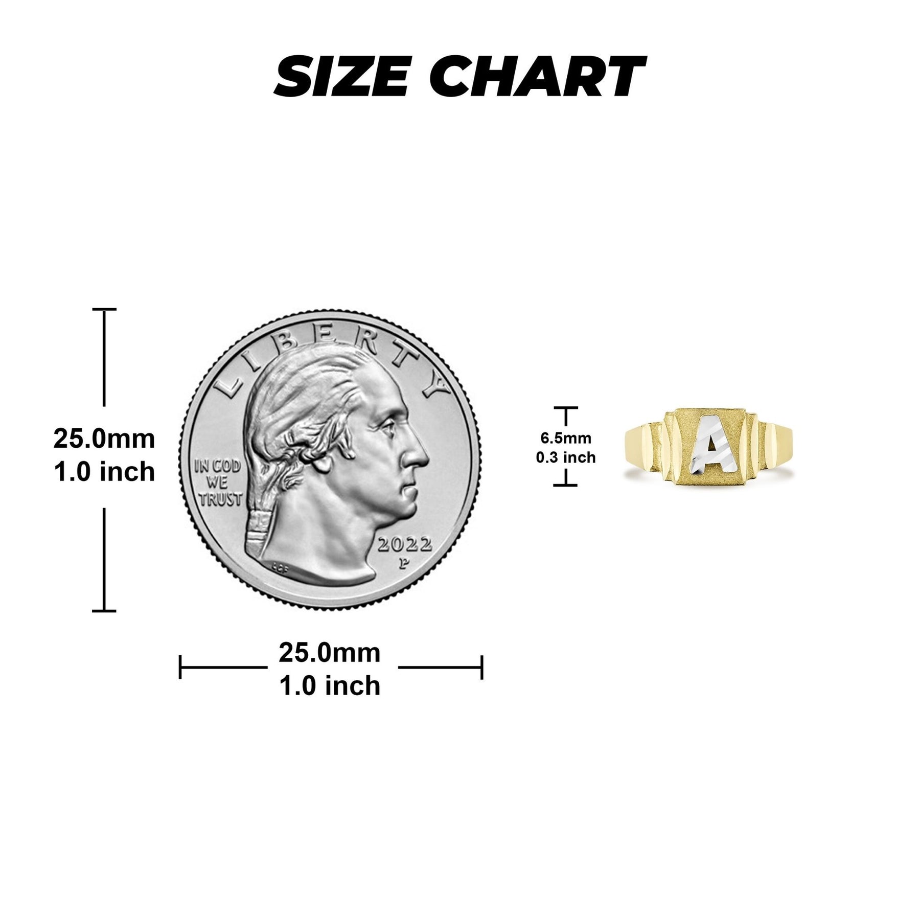 Size comparison chart showing a 25mm quarter next to a 6.5mm gold baby ring.