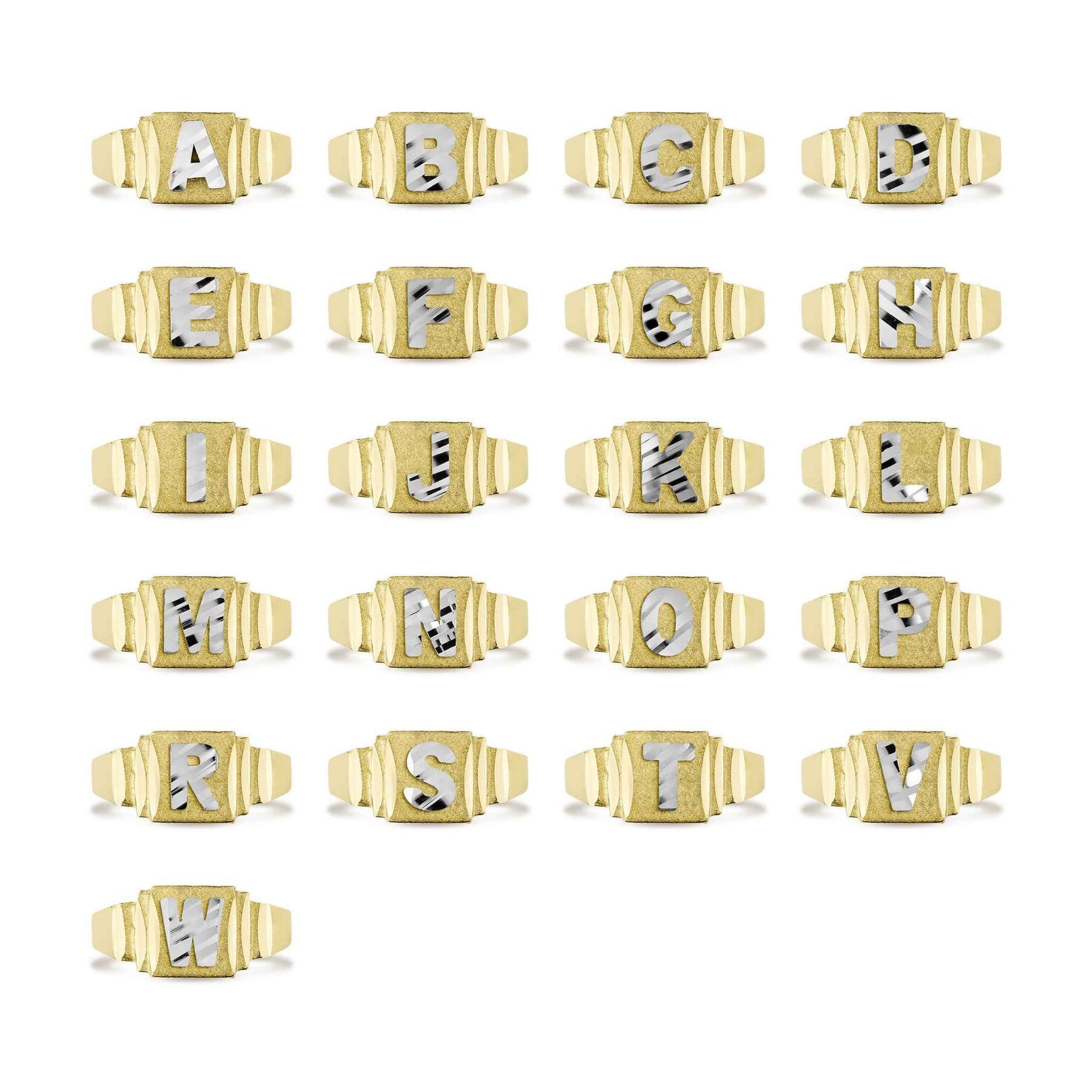 Grid display of 10k two-tone gold baby initial rings showing the entire alphabet.