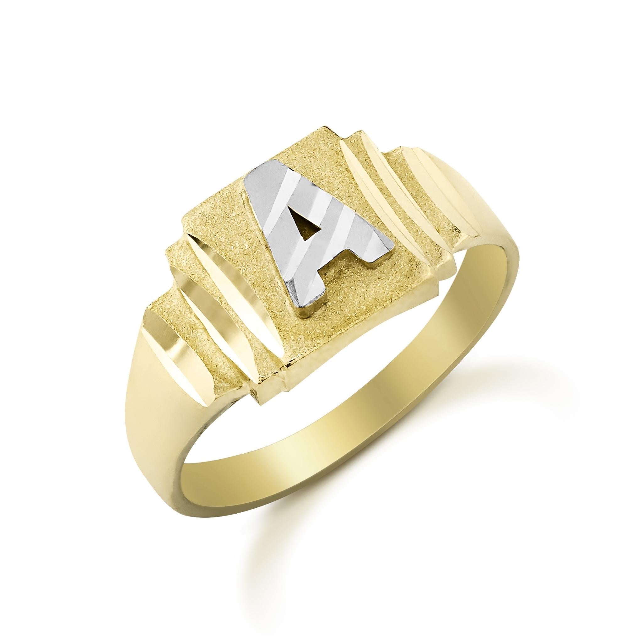 Two-tone 10k gold square initial ring with a diamond-cut letter A