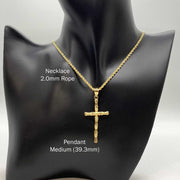 10k yellow gold bamboo cross pendant necklace displayed on a black jewelry mannequin bust.