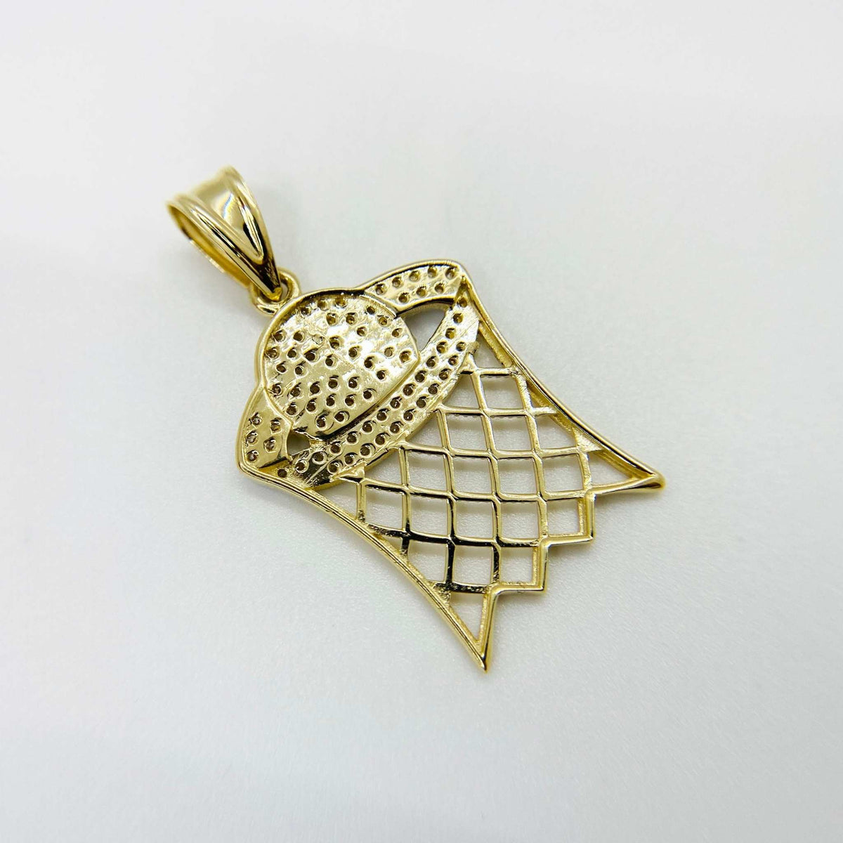 Back view of a gold basketball hoop pendant showing textured back details.