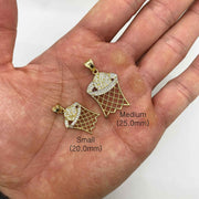 Small and medium gold basketball hoop pendants held in hand showing 20.0mm and 25.0mm sizes.