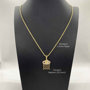 Gold basketball hoop pendant on 2.5mm rope chain displayed on a black mannequin.